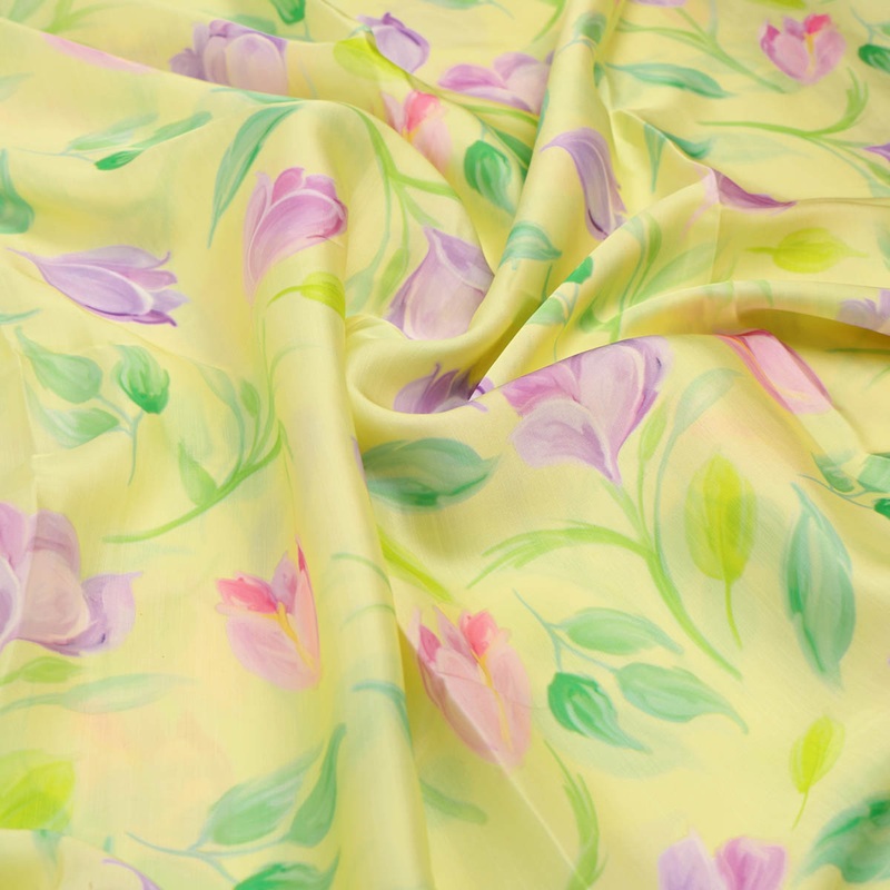 Yellow Floral Linen Satin Fabric