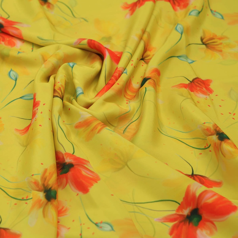 Yellow Floral Printed Crepe Fabric