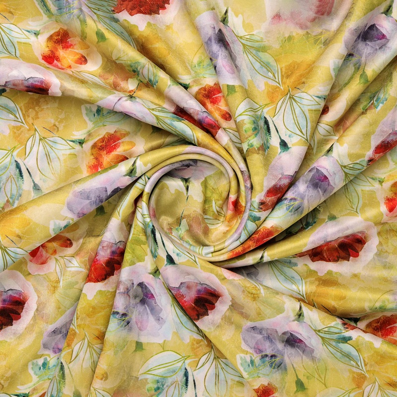 Yellow Watercolor Floral Printed Satin Fabric
