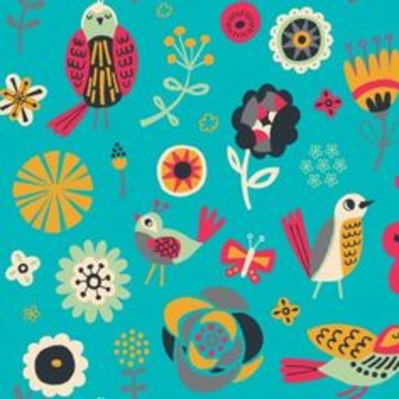 $5/yard Birds and Flowers on Turquoise