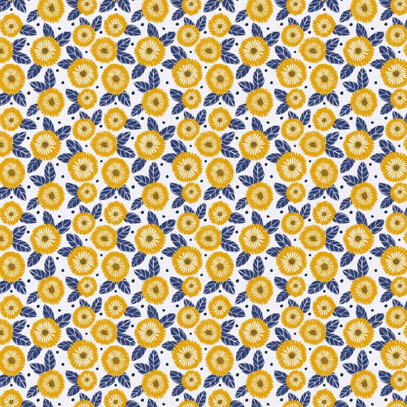 Yellow Marigolds on White w/Navy Leaves