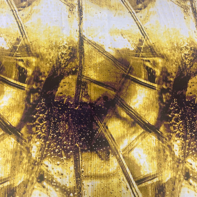 Yellow-Brown-Multi Abstract Art Printed Linen Woven Fabric