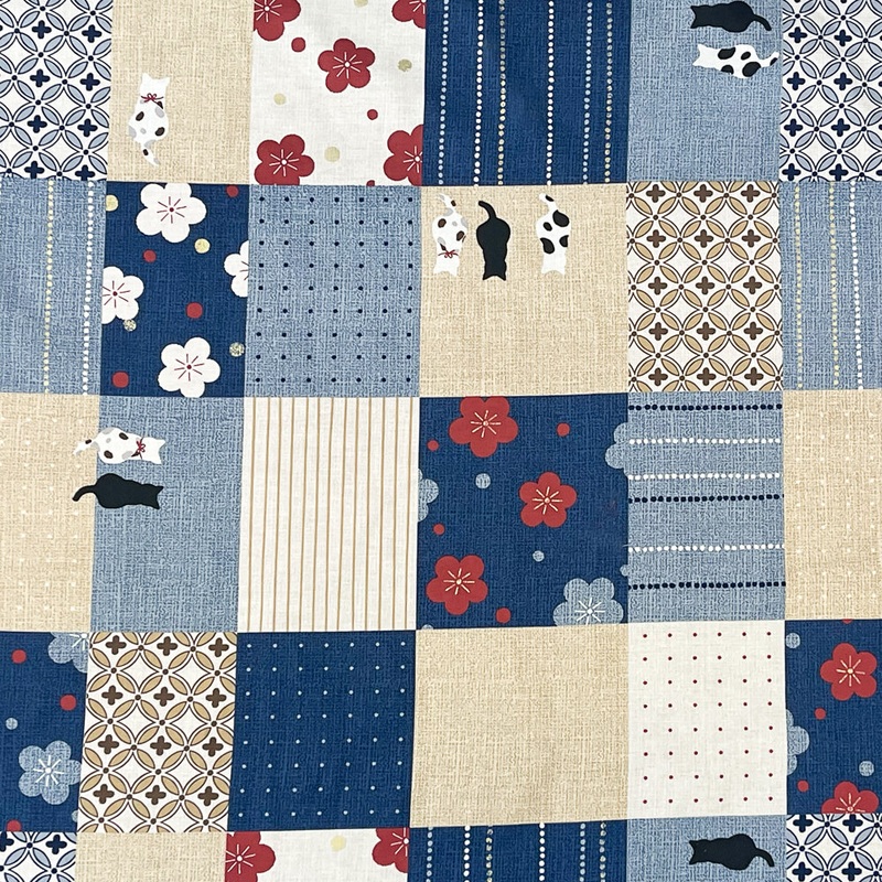 Beige-Blue-Multi Multi Pattern Patch with Cats Print Cotton Shirting Fabric