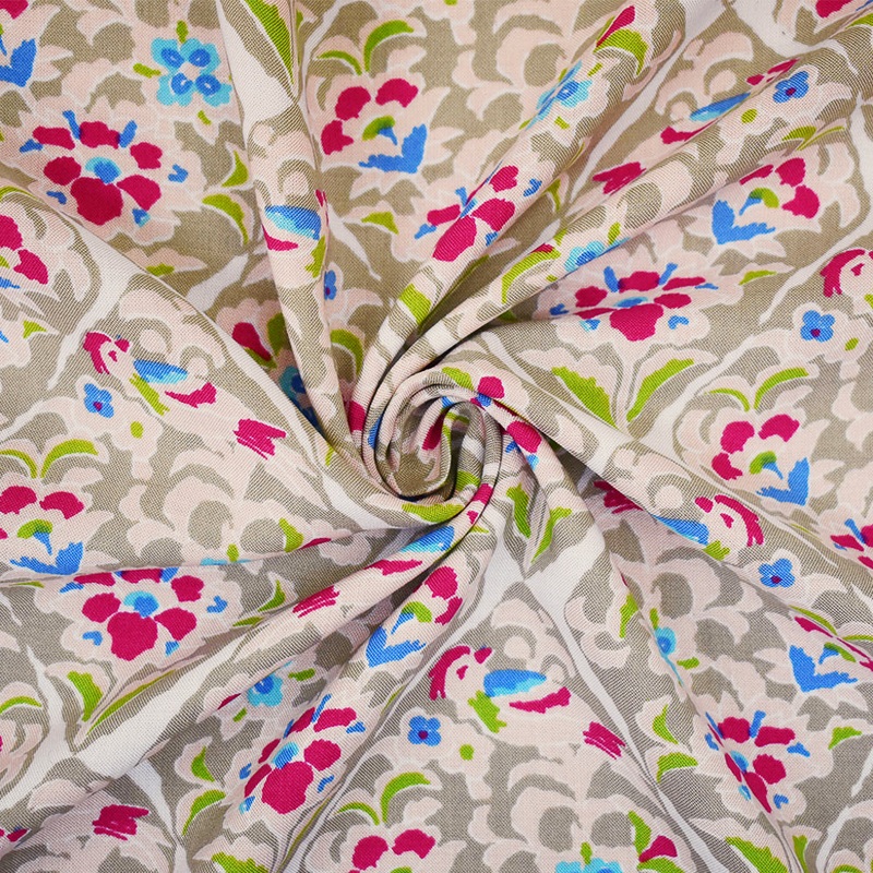 Beige-Pink-Multi Floral Tile Printed Rayon Challis Woven Fabric