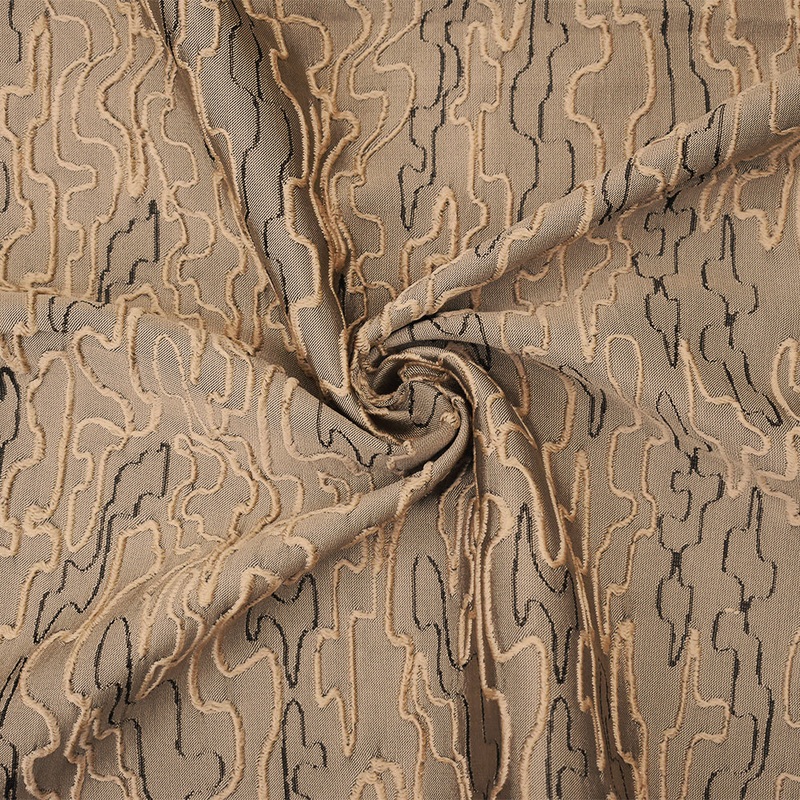 Beige-Black Polyester Abstract Embroidered Jacquard Woven Fabric