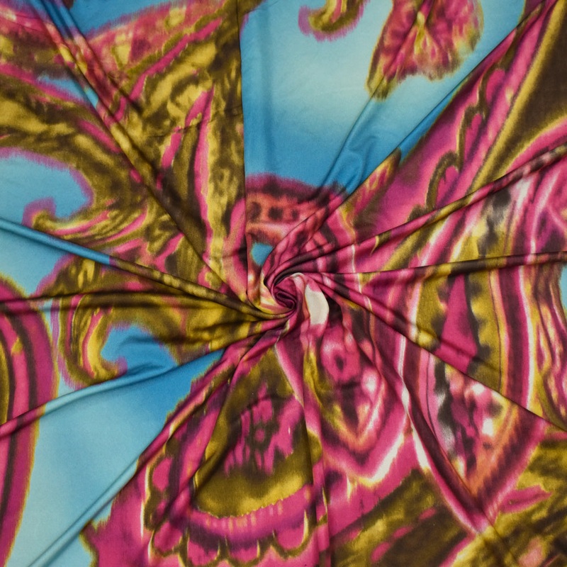 Aqua Blue-Pink-Multi Paisley Printed Stretch Silk Jersey Knit Fabric