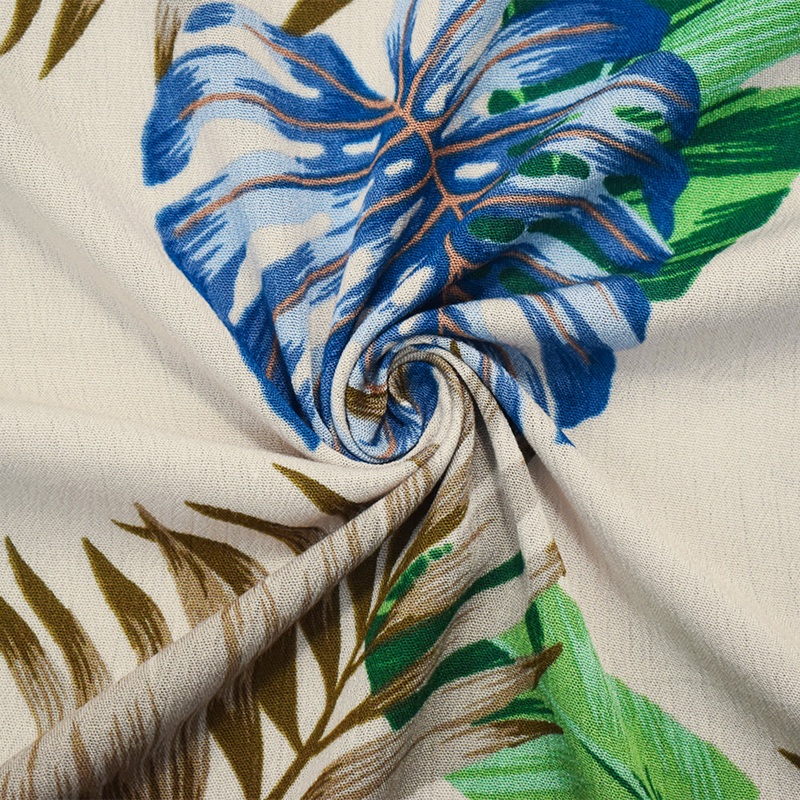 Beige-Blue-Multi Cotton Leaves Printed Crinkled Gauze Woven Fabric