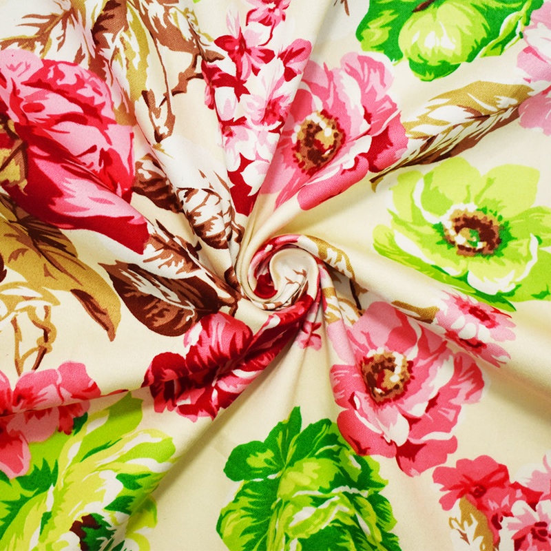 Beige-Multi Cotton Floral Printed Stretch Spandex Twill Sateen Woven Fabric