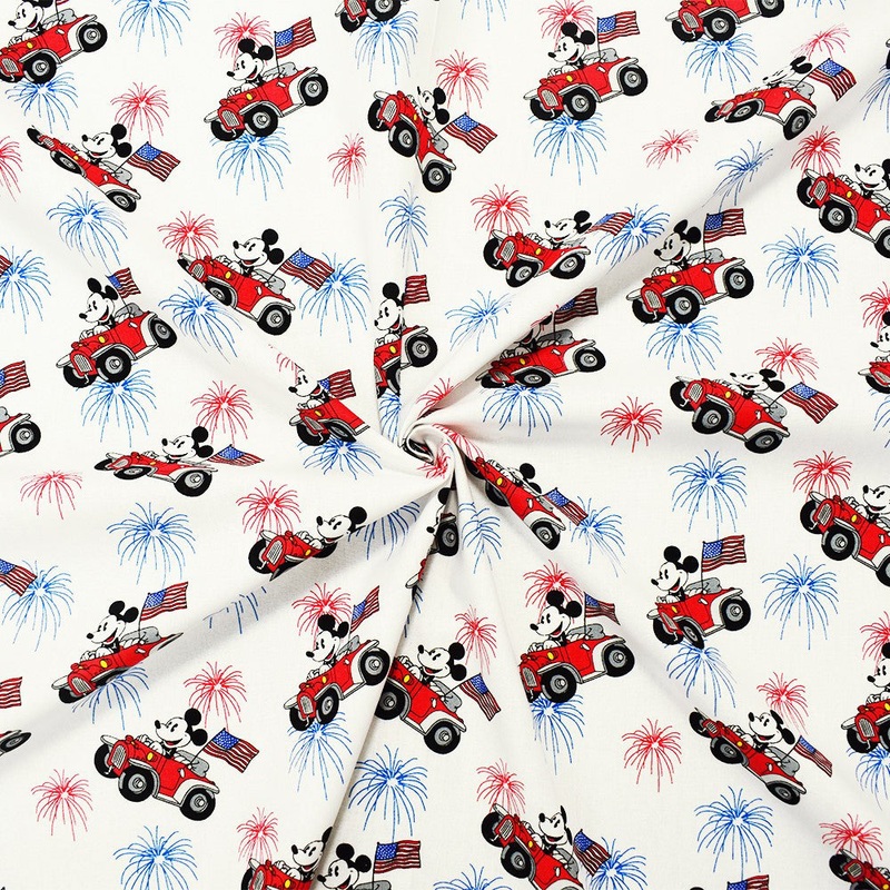 White-Red-Multi Cotton Disney Mickey Patriot Printed Quilting Woven Fabric