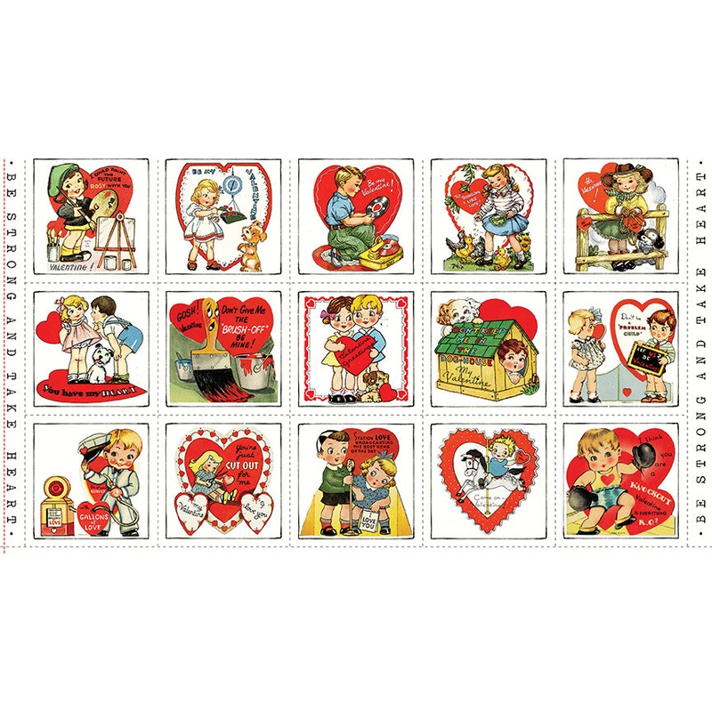 P364 - Take Heart Quilt Fabric - Valentine Patch Panel in White/Multi - PD15382-PANEL - SOLD AS A 24" PANEL